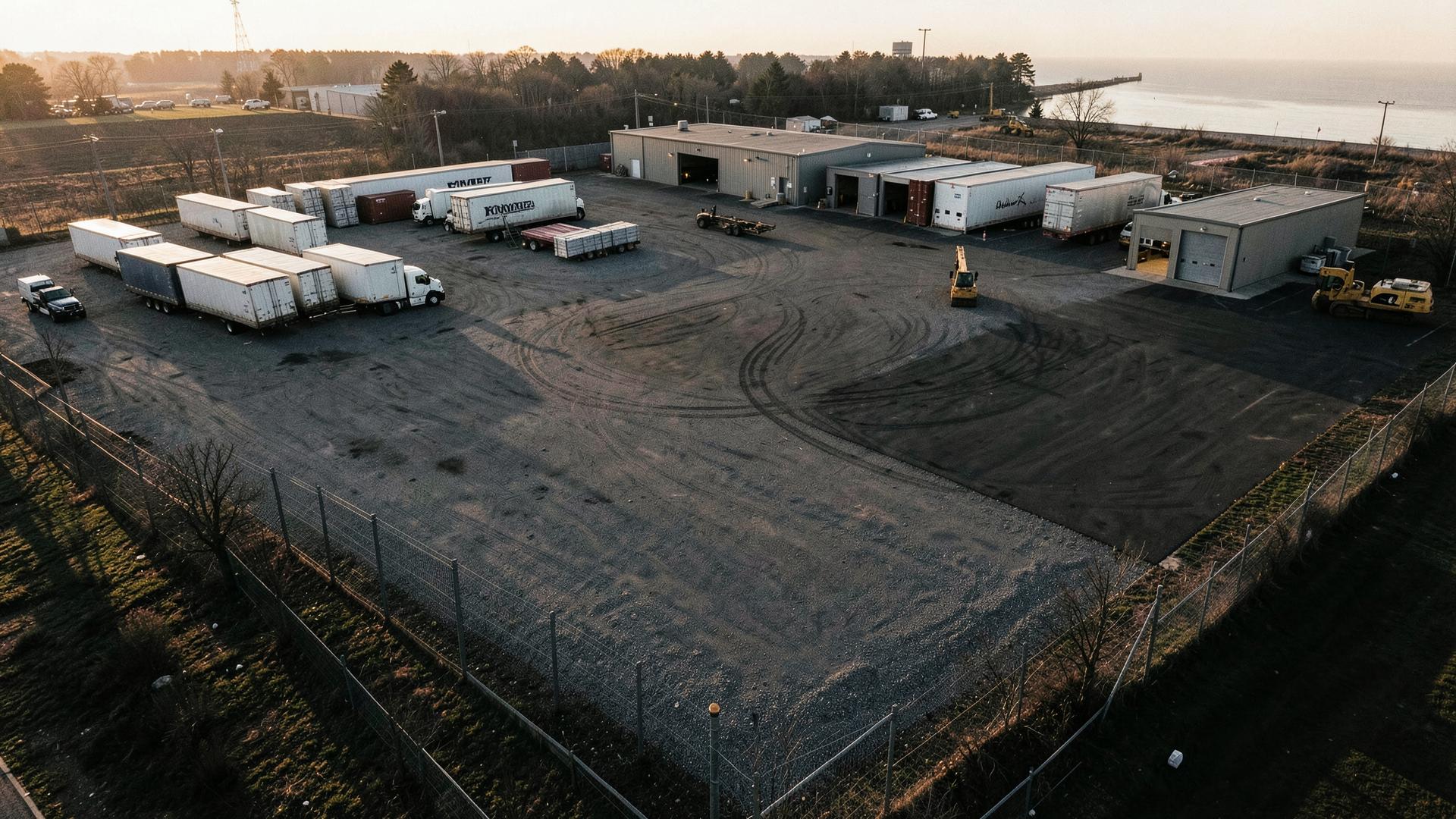 Aerial view of a secured industrial outdoor storage yard with trailers, containers, and equipment at golden hour